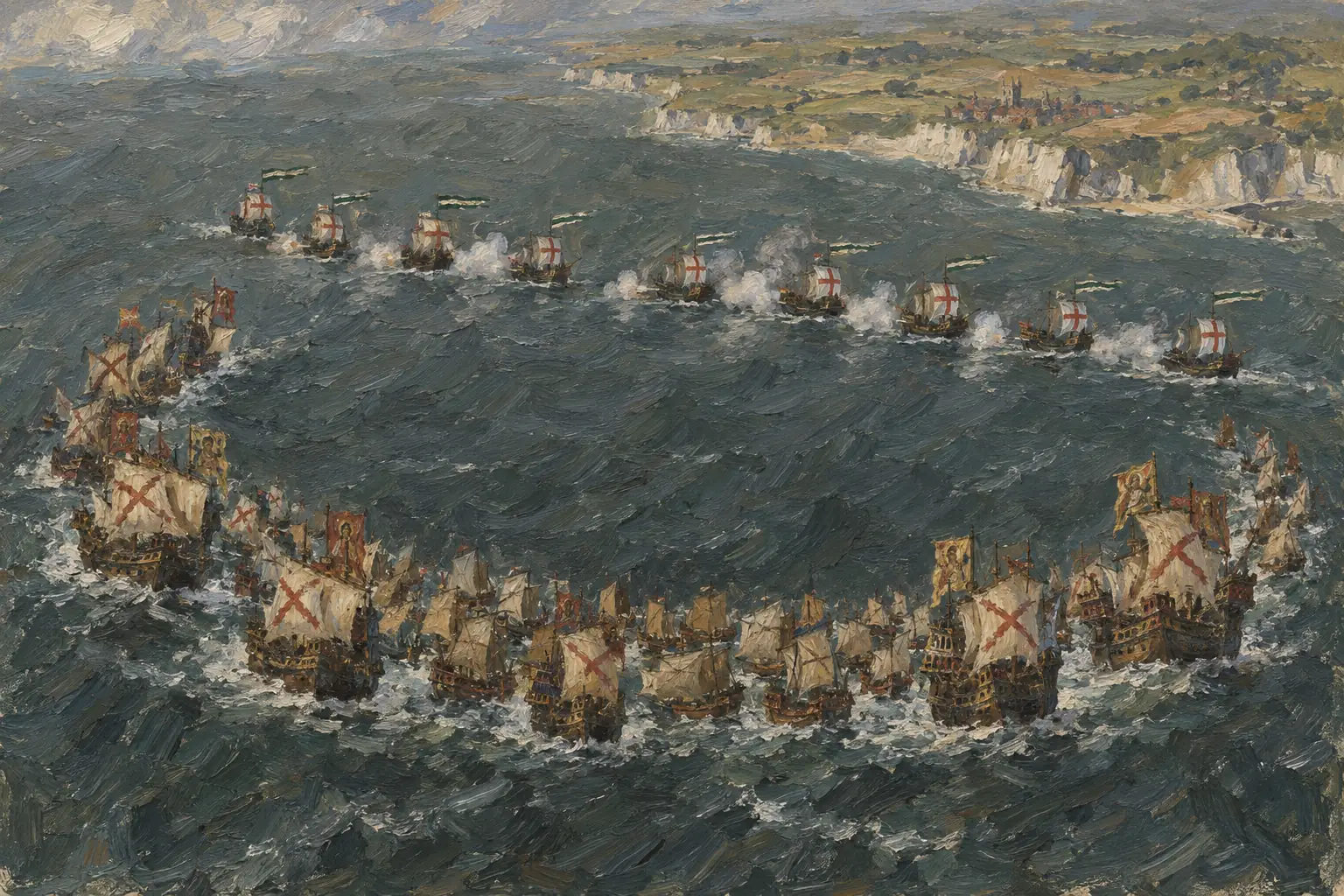 The Armada sailed up the Channel in a defensive crescent formation