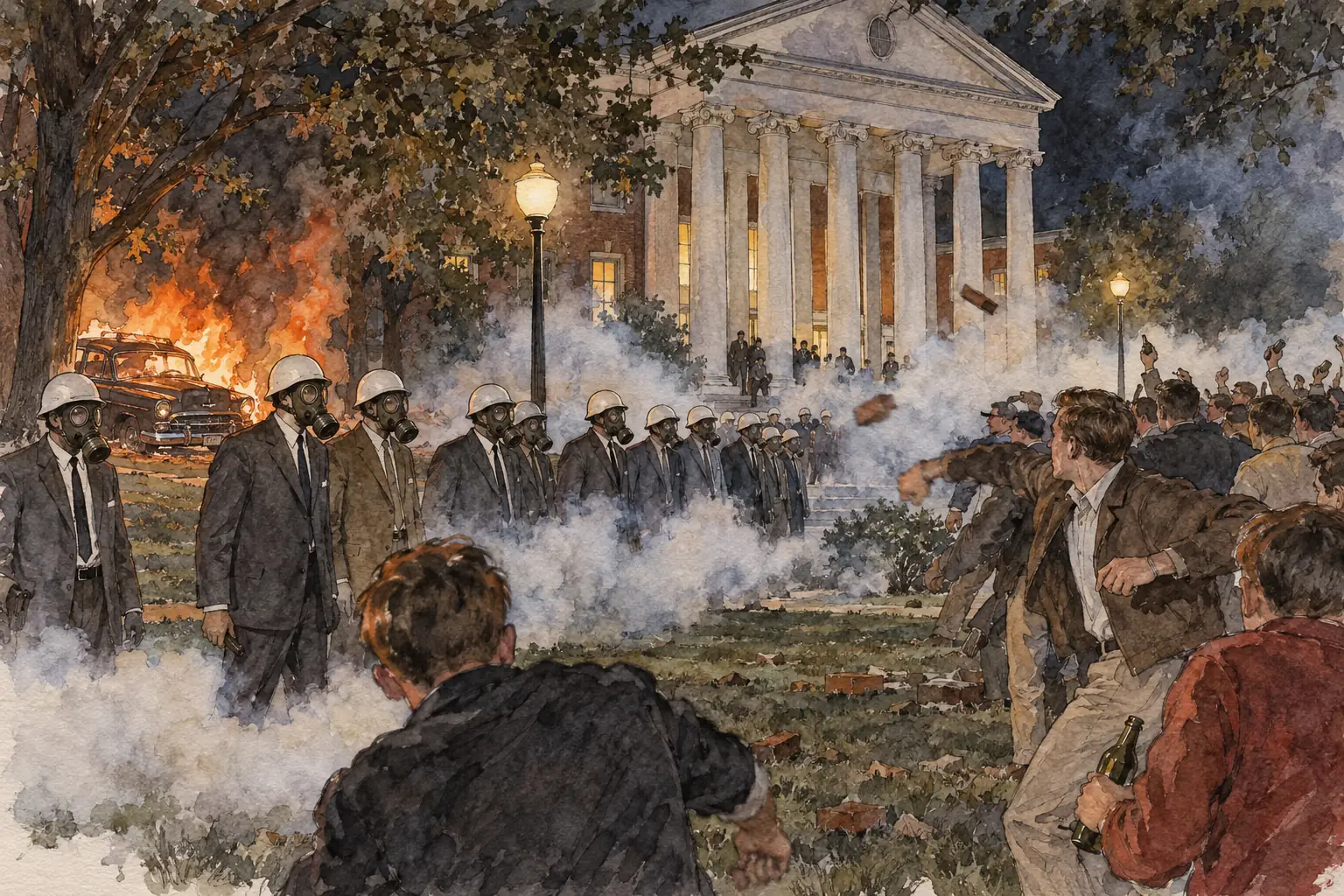 On the night of 30 September 1962 a crowd of thousands attacked the marshals guarding the Lyceum building with bricks, bottles and guns, and two people were killed.