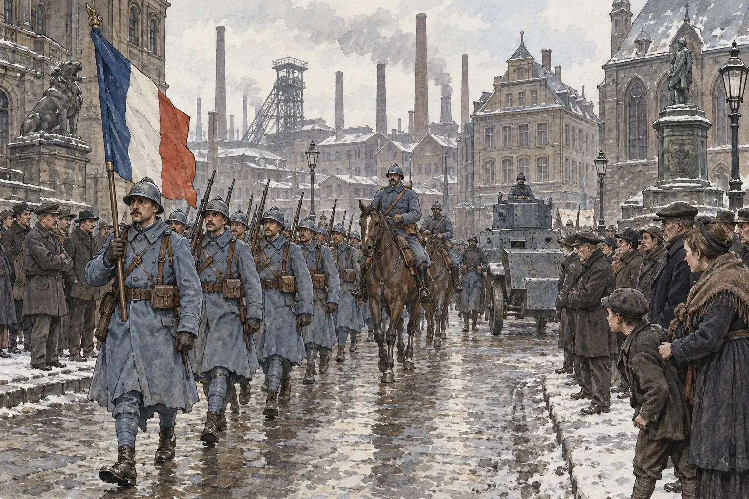 French troops march into Essen in January 1923, sent with Belgian forces to take the Ruhr's coal and goods after Germany fell behind on its reparations.