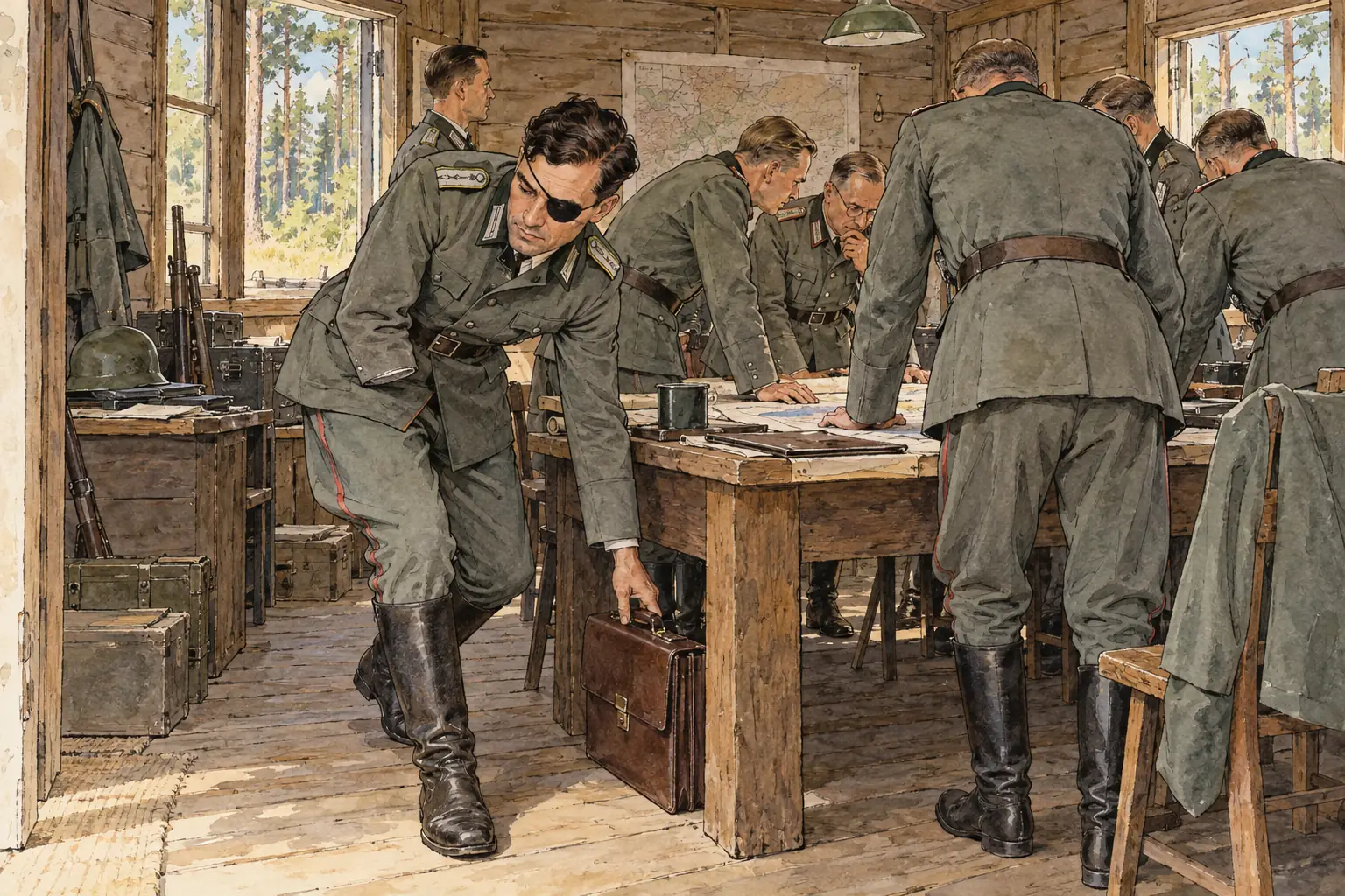 Stauffenberg leaves the bomb in his briefcase under the map table at the Wolf's Lair on 20 July 1944