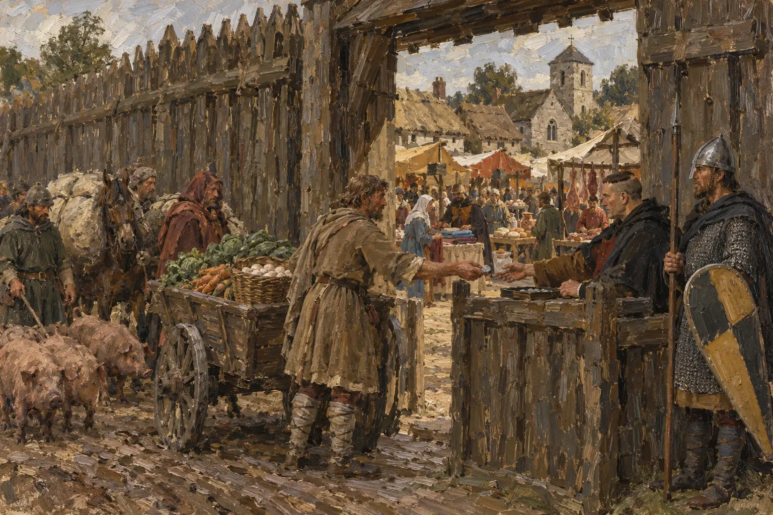 Traders paid a toll on goods brought through the town gate to sell at the weekly market.