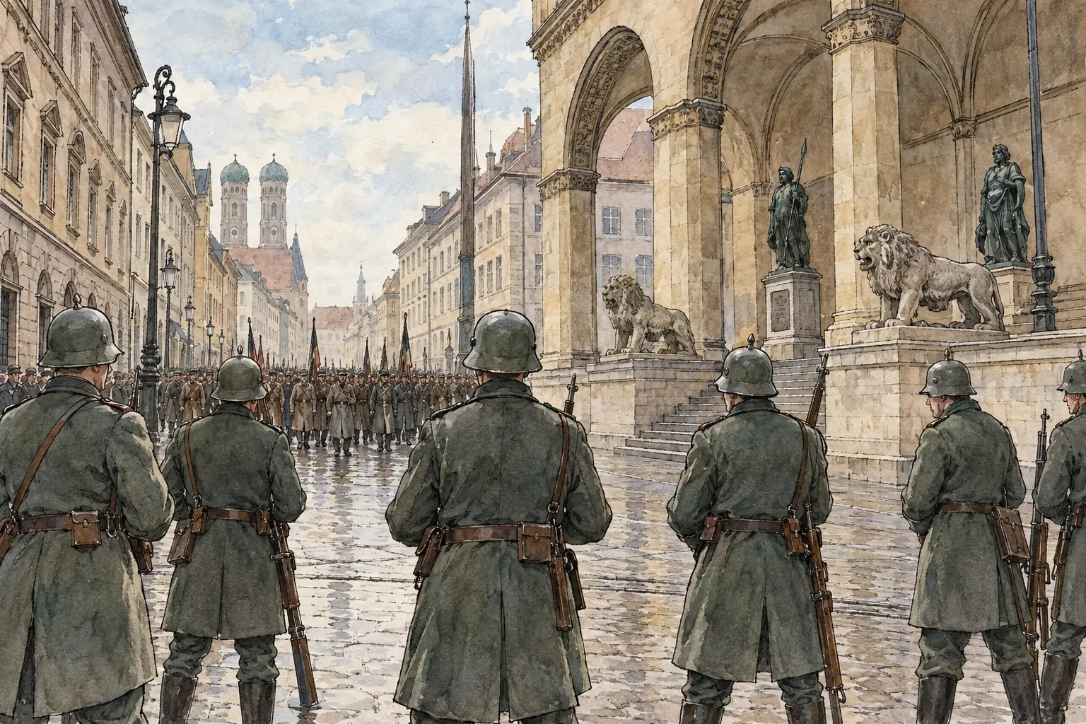 The day after Hitler declared a revolution in a Munich beer hall, police stopped the Nazi march through the city on 9 November 1923.