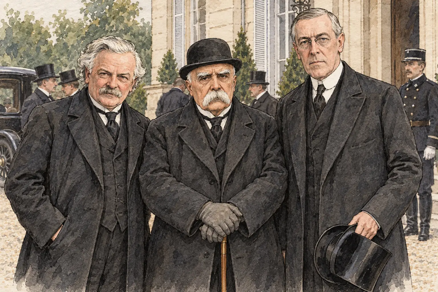 Lloyd George, Clemenceau and Wilson met in Paris from January 1919 to draw up the peace settlement, each with different aims for his own country.