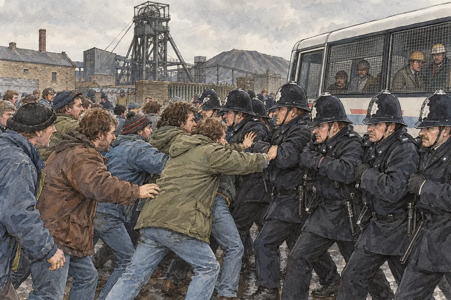 In the miners' strike of 1984-85, which ended in defeat for the National Union of Mineworkers, pickets often faced large numbers of police.