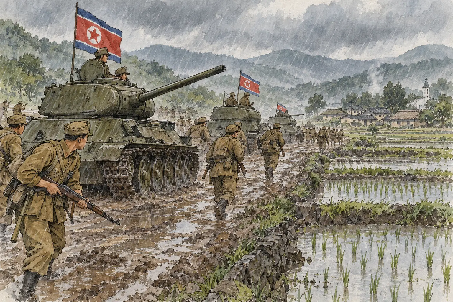 North Korean forces with Soviet-built T-34 tanks crossed the 38th parallel on 25 June 1950.