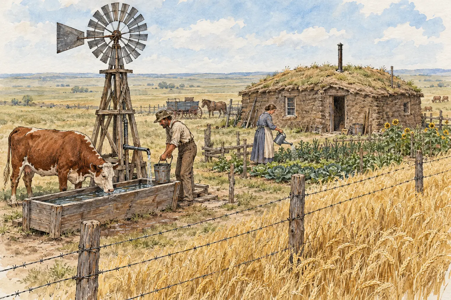 Wind pumps raised water from deep underground, and barbed wire, invented in 1874, gave settlers cheap fencing.