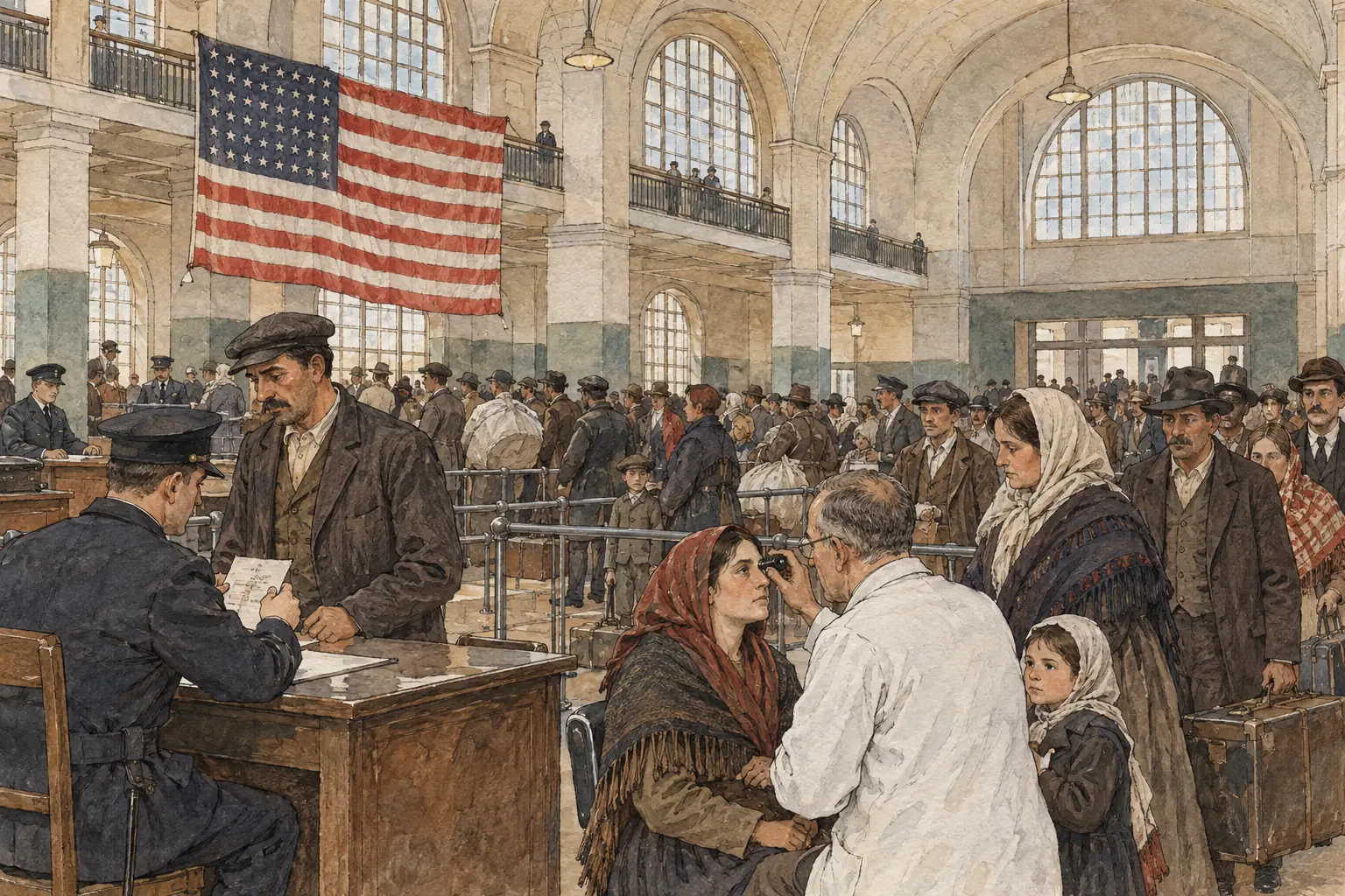 New arrivals at Ellis Island in New York were checked by doctors and inspectors, and from 1921 the quota laws limited how many could enter from each country.