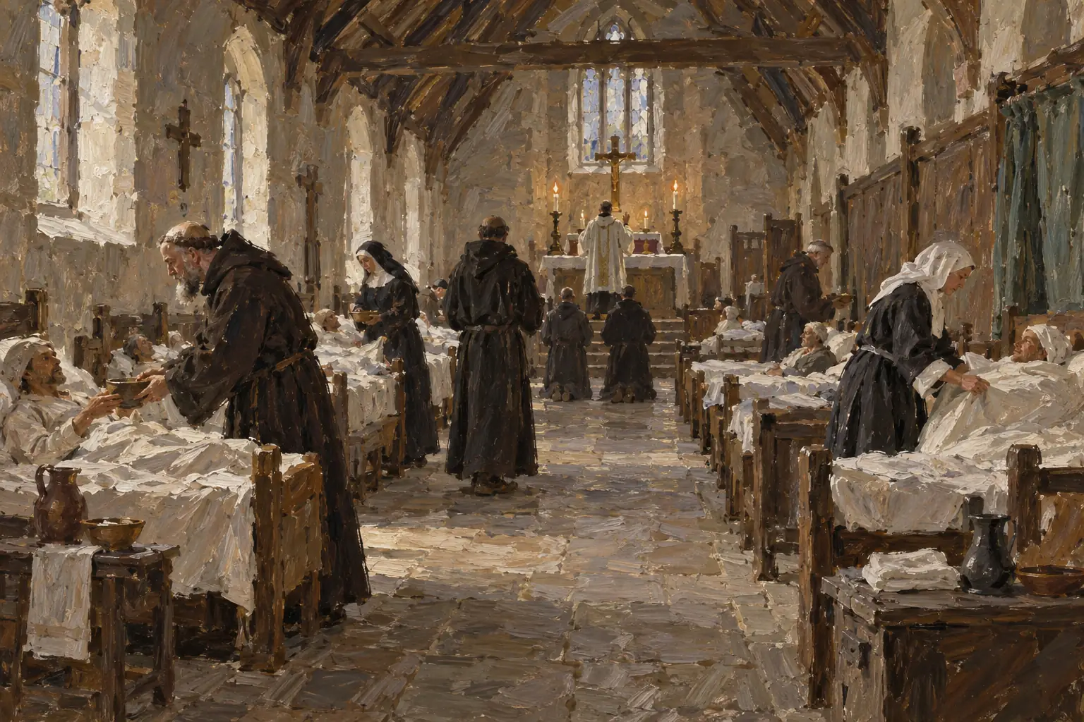 Monastic infirmaries offered shelter, nursing, rest and herbal remedies, rather than attempting complex cures.