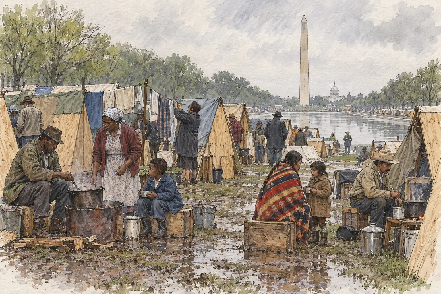 After King's death the Poor People's Campaign went ahead, and its camp, Resurrection City, stood on the Mall in Washington in May and June 1968