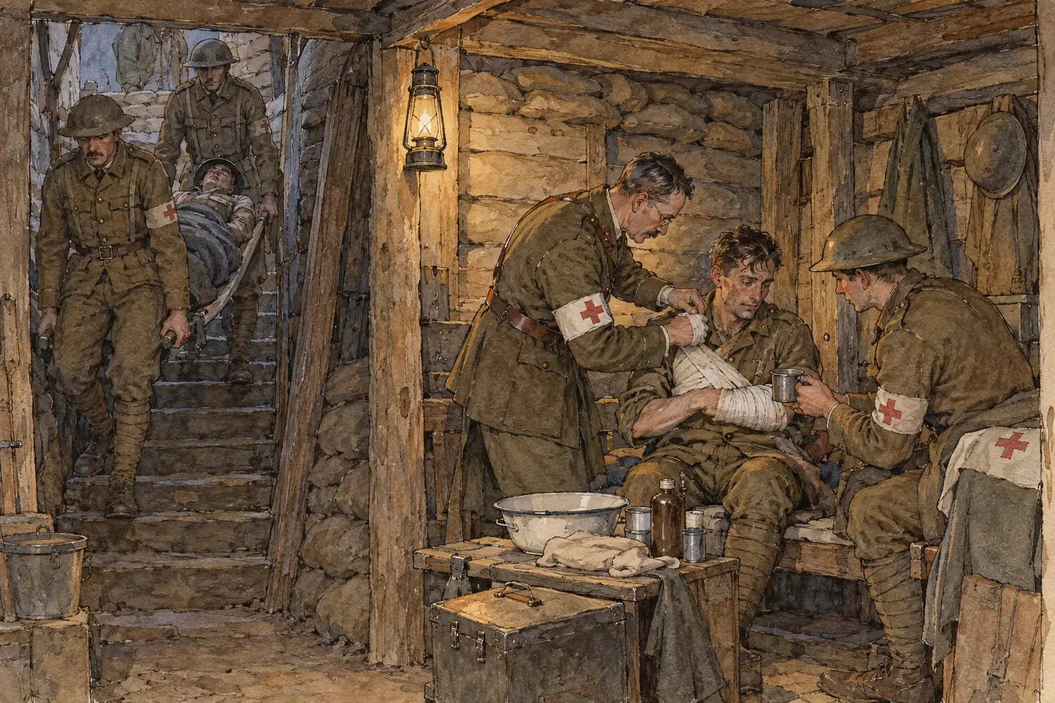 At the regimental aid post, near the front line, a medical officer gave immediate first aid