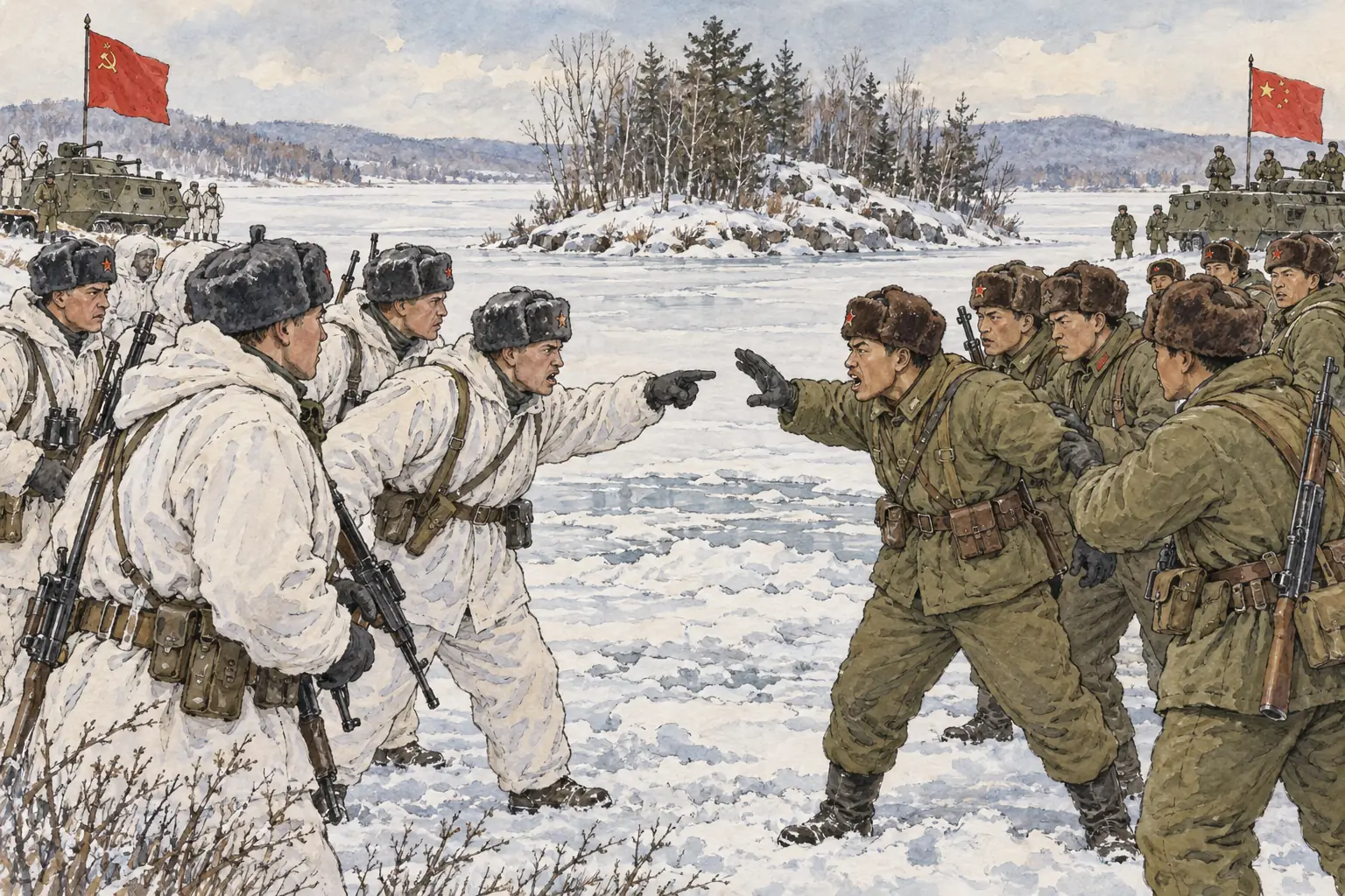 In March 1969 Soviet and Chinese troops fought over Zhenbao Island on the frozen Ussuri River, which showed how deep the Sino-Soviet split had become.