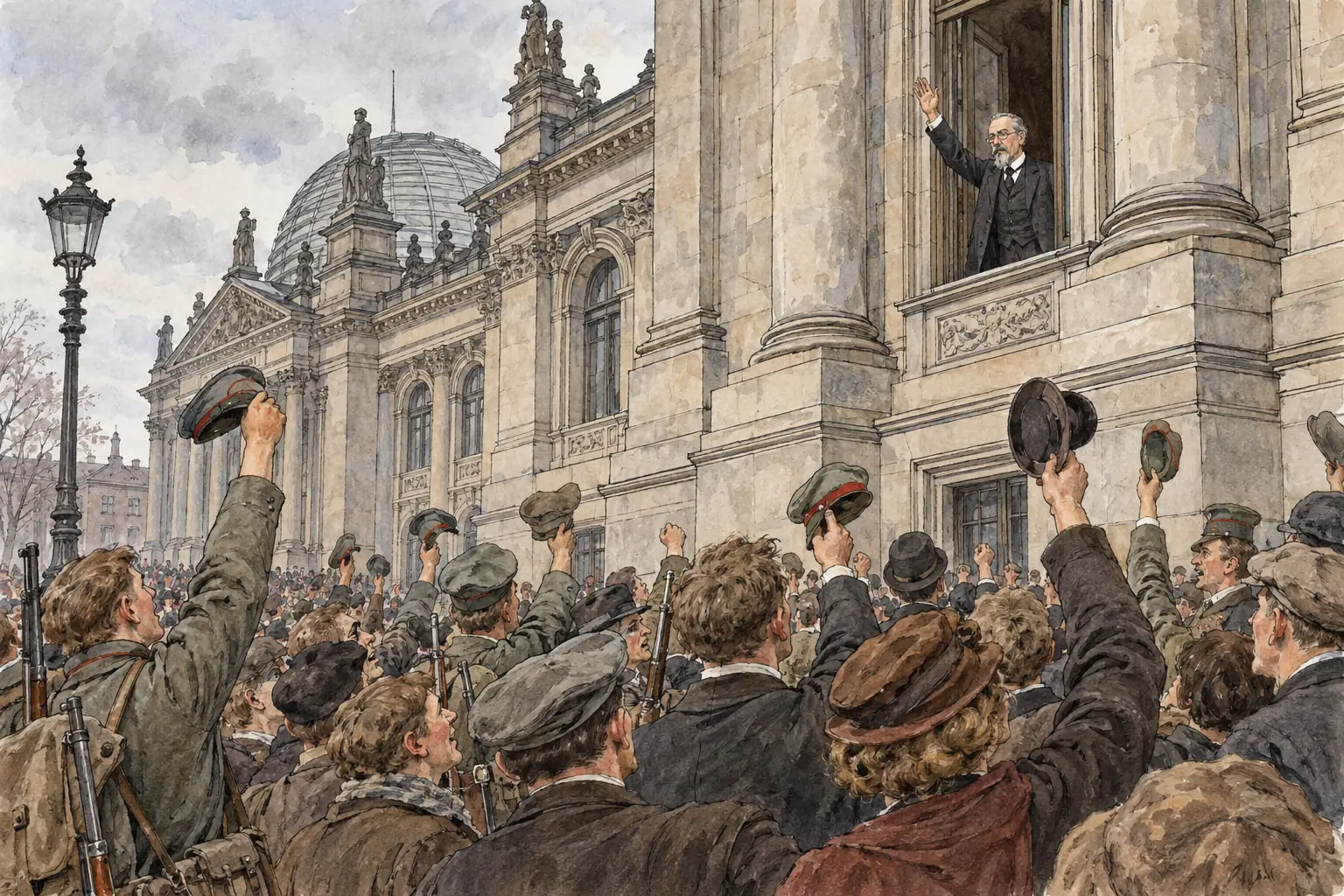 Philipp Scheidemann proclaims a German republic from the Reichstag on 9 November 1918