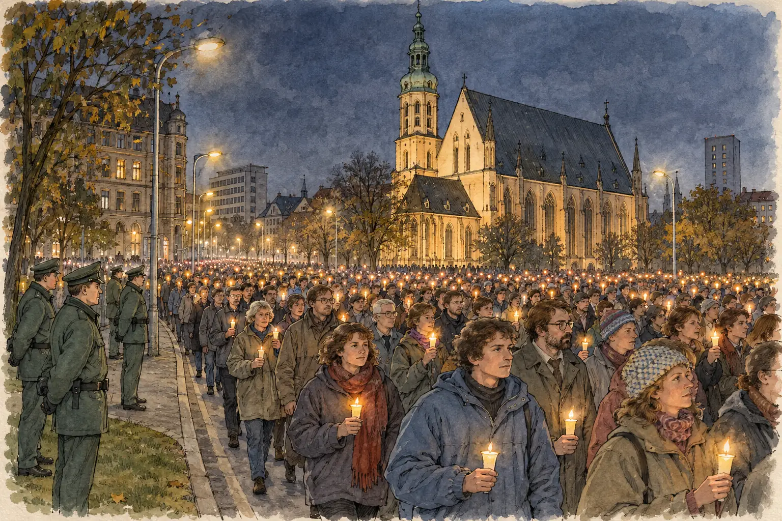 About 70,000 people marched peacefully through Leipzig on 9 October 1989