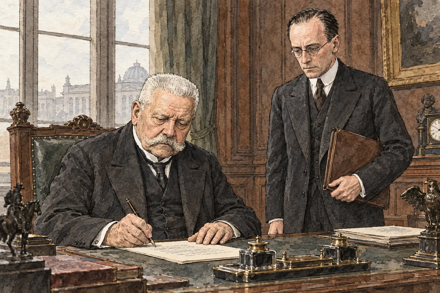 From 1930 Brüning governed through emergency decrees signed by President Hindenburg under Article 48, bypassing the Reichstag.
