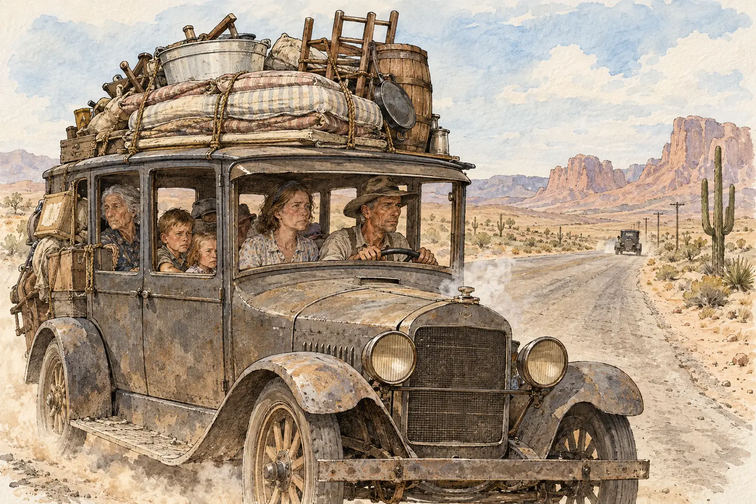 Hundreds of thousands of 'Okies' from Oklahoma and other Dust Bowl states drove west along Route 66 to look for farm work in California.