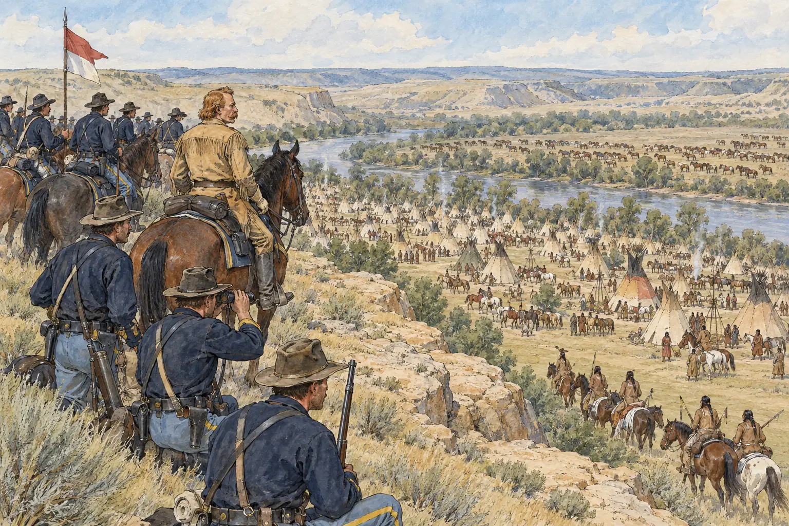 On 25 June 1876 Custer's 7th Cavalry attacked a huge camp of Sioux and Cheyenne on the Little Big Horn River.