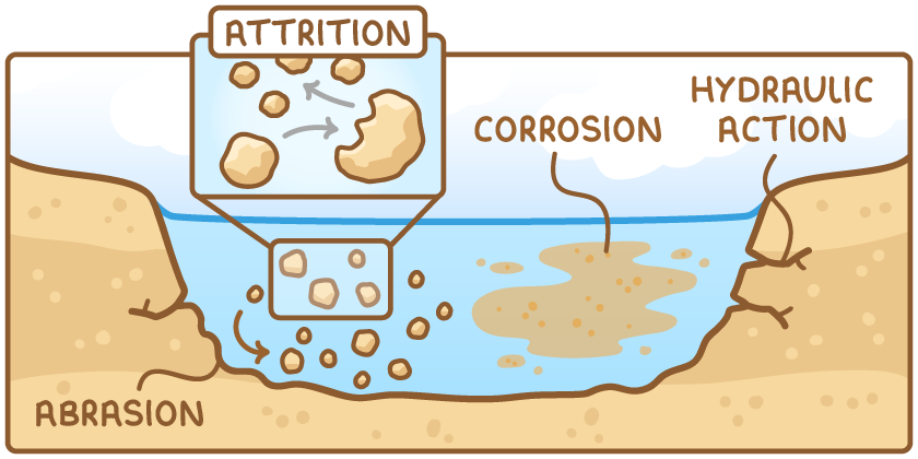 Cross-section of a river channel showing four types of erosion. Abrasion: stones carried by the river scrape the bed and banks. Attrition, in a close-up: stones knock into each other and break into smaller, rounder pieces. Hydraulic action: water forces its way into cracks in the bank. Corrosion: rock dissolves into the water.
