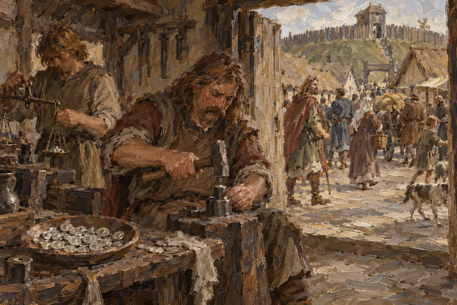 Moneyers in many English towns struck a standard silver penny under royal control.