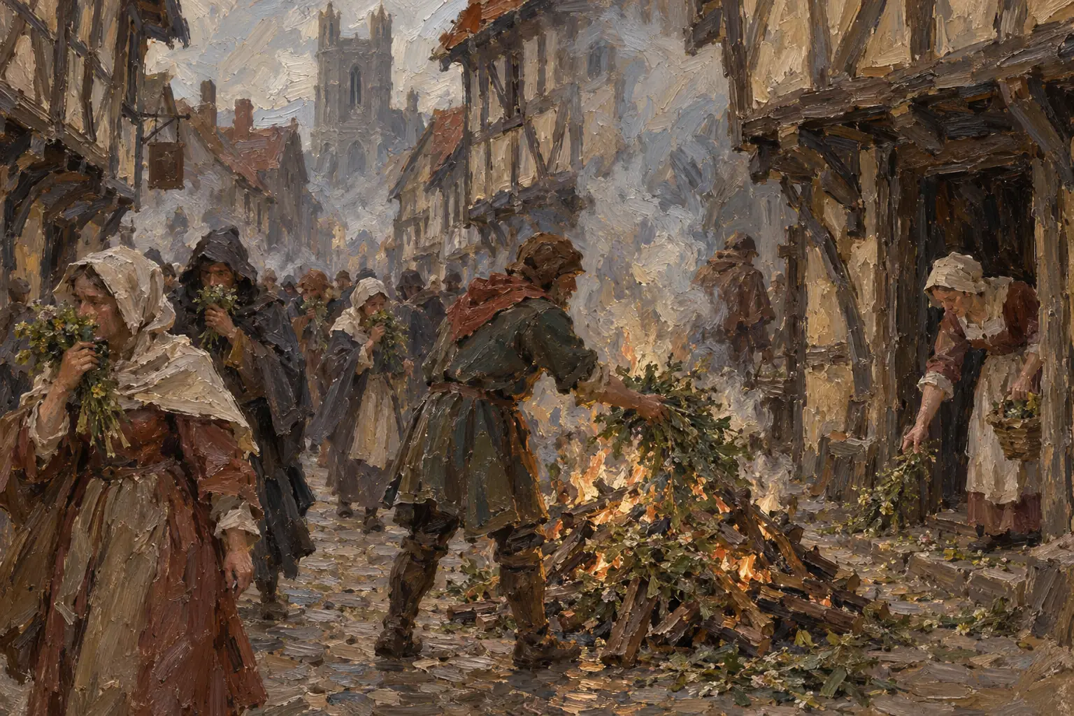 People carried posies of sweet-smelling herbs and lit fires in the streets, believing this would drive away bad air.