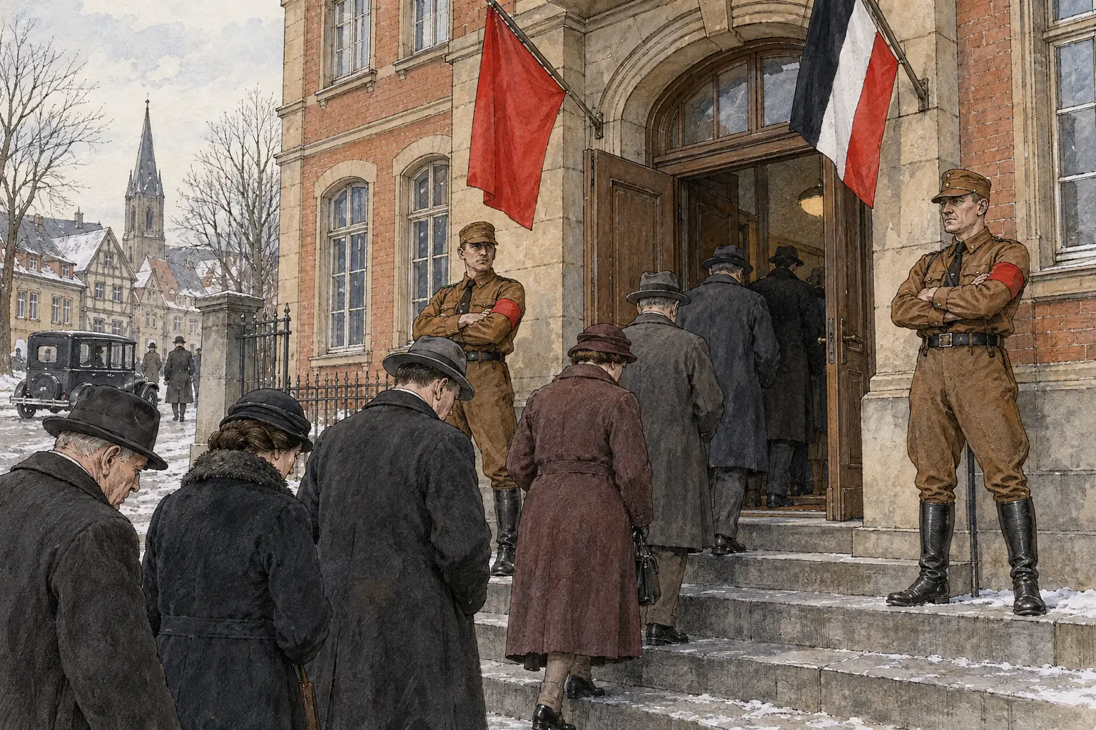 In the March 1933 election SA stormtroopers watched polling stations to intimidate voters, yet the Nazis still won only 44% of the vote.