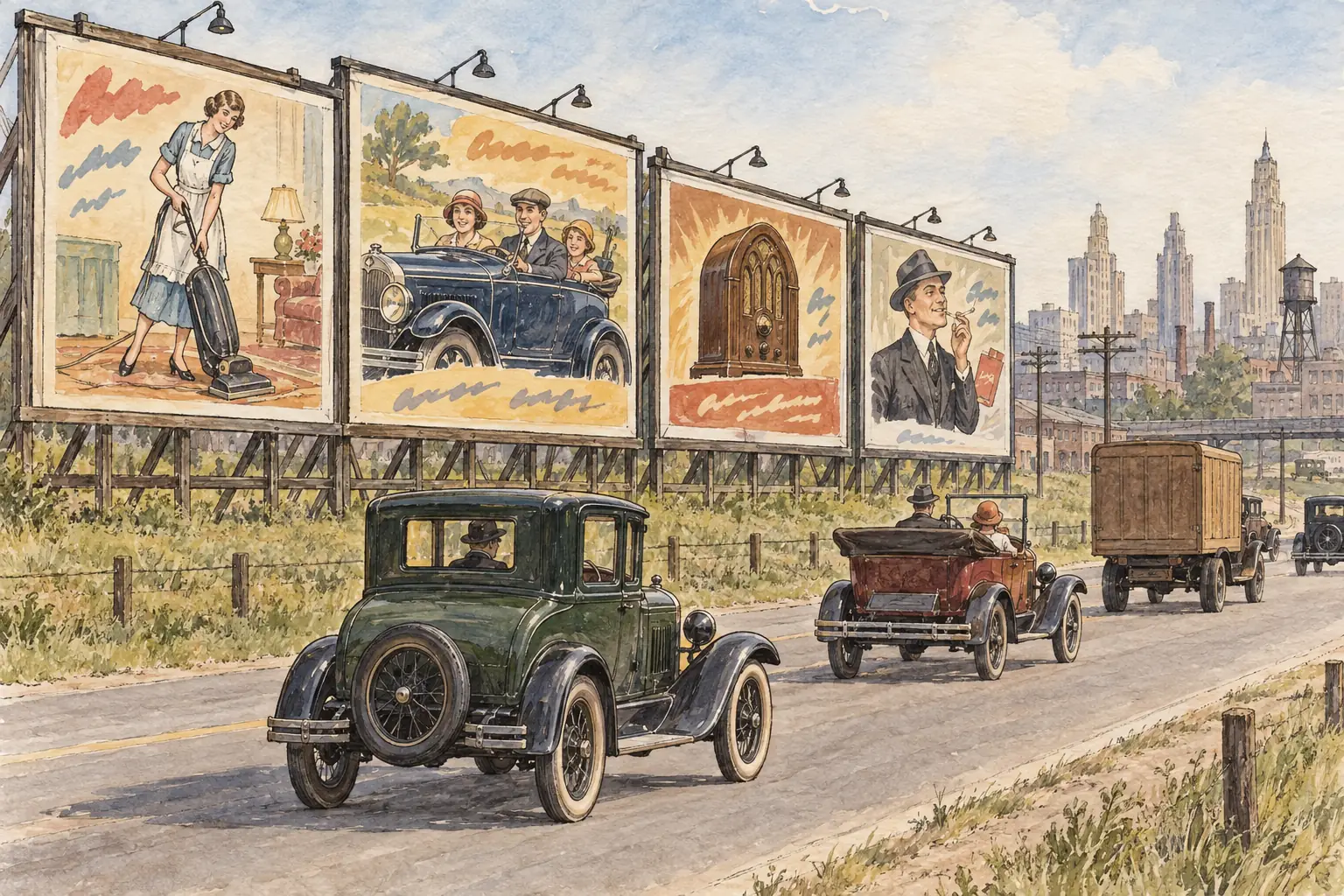 Billboards along the new roads advertised cars, radios and household goods to motorists across the country.