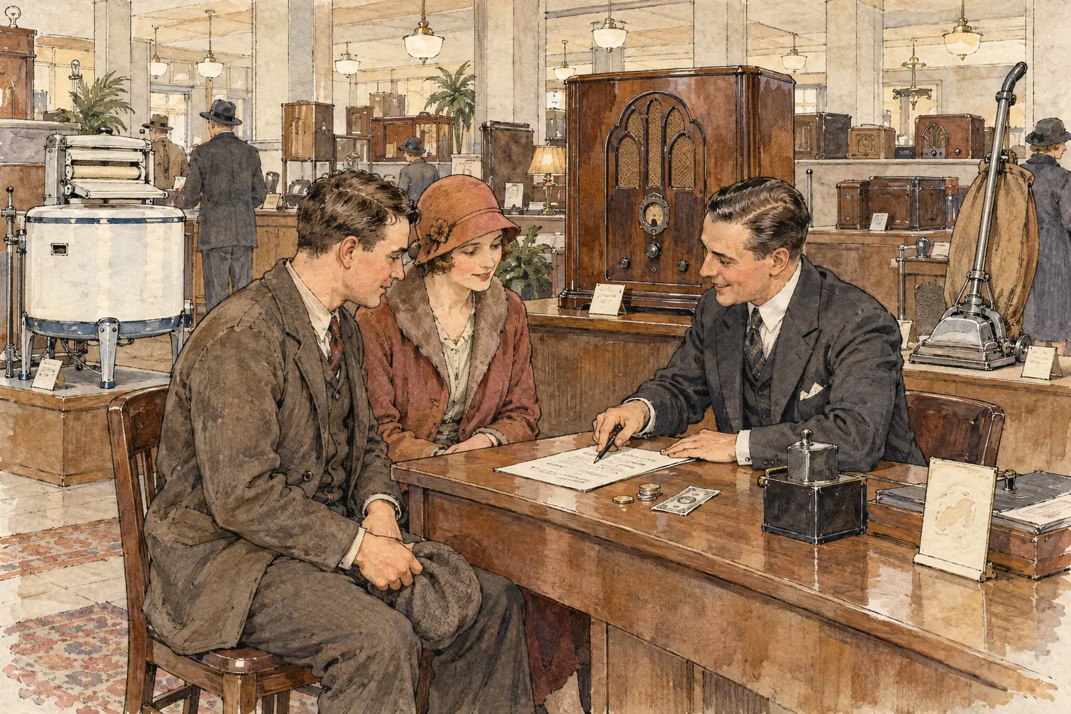 Hire purchase let a family take home goods such as a radio for a small deposit and pay the rest, with interest, in regular instalments.