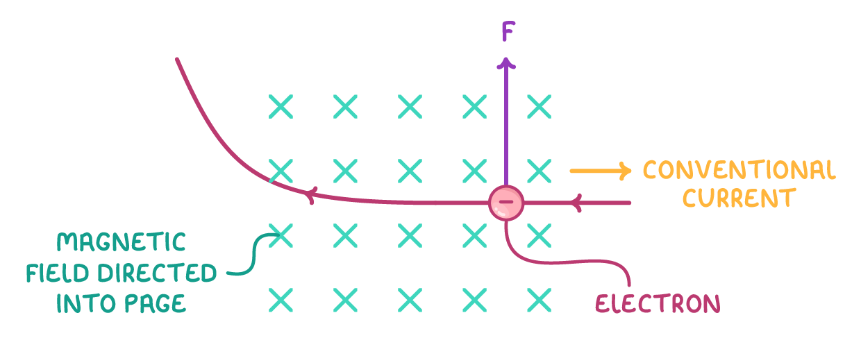 A pink circle labelled electron moves leftwards through a grid of green crosses labelled magnetic field directed into page, its path curving upwards, beside arrows labelled F and conventional current.