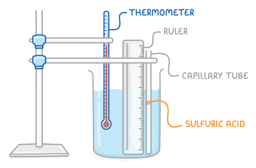 A capillary tube and a thermometer are clamped to a stand in a beaker of water, a ruler behind the tube, labelled thermometer, ruler, capillary tube and sulfuric acid at a small drop.