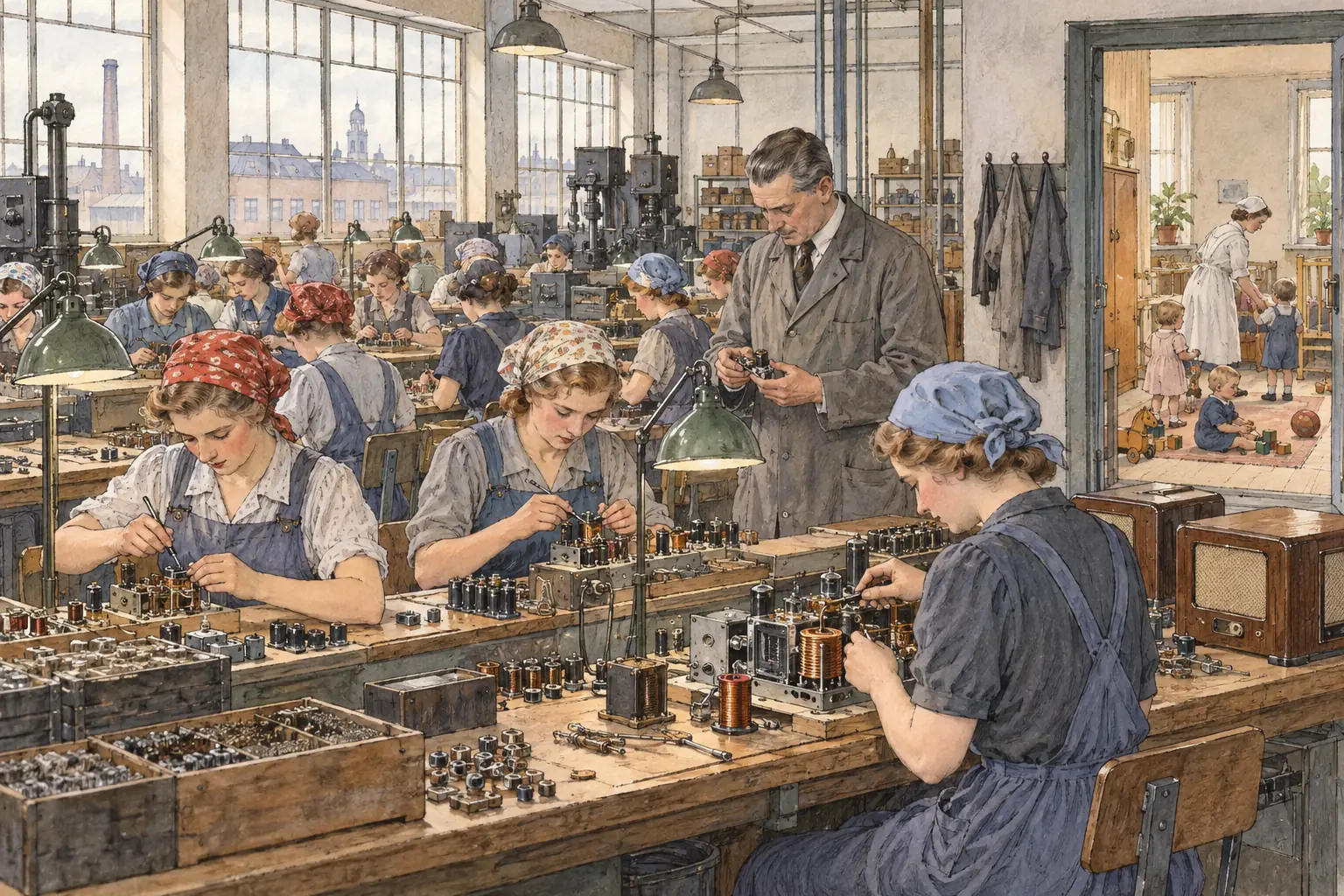 Rearmament caused labour shortages from the mid-1930s, so factories recruited women again and some provided childcare.