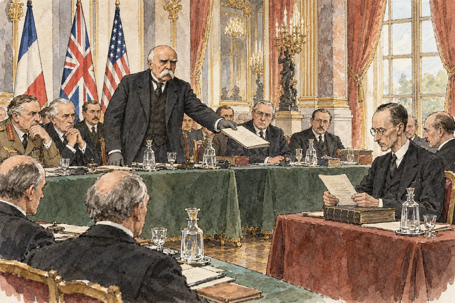 When the terms were handed to the German delegation on 7 May 1919, its leader, Count Brockdorff-Rantzau, protested from his seat, and Germany was allowed to reply only in writing.