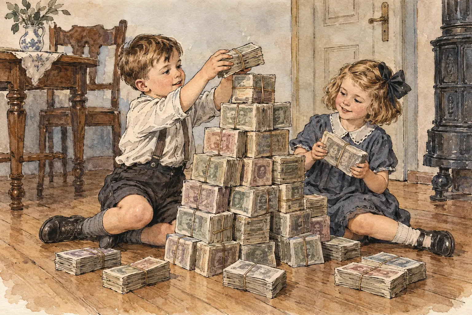 Children played with bundles of notes as building blocks