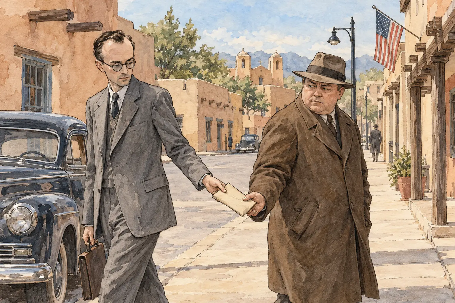 Klaus Fuchs passed secrets from the Manhattan Project to the Soviet Union, meeting the courier Harry Gold in Santa Fe, New Mexico, in 1945.