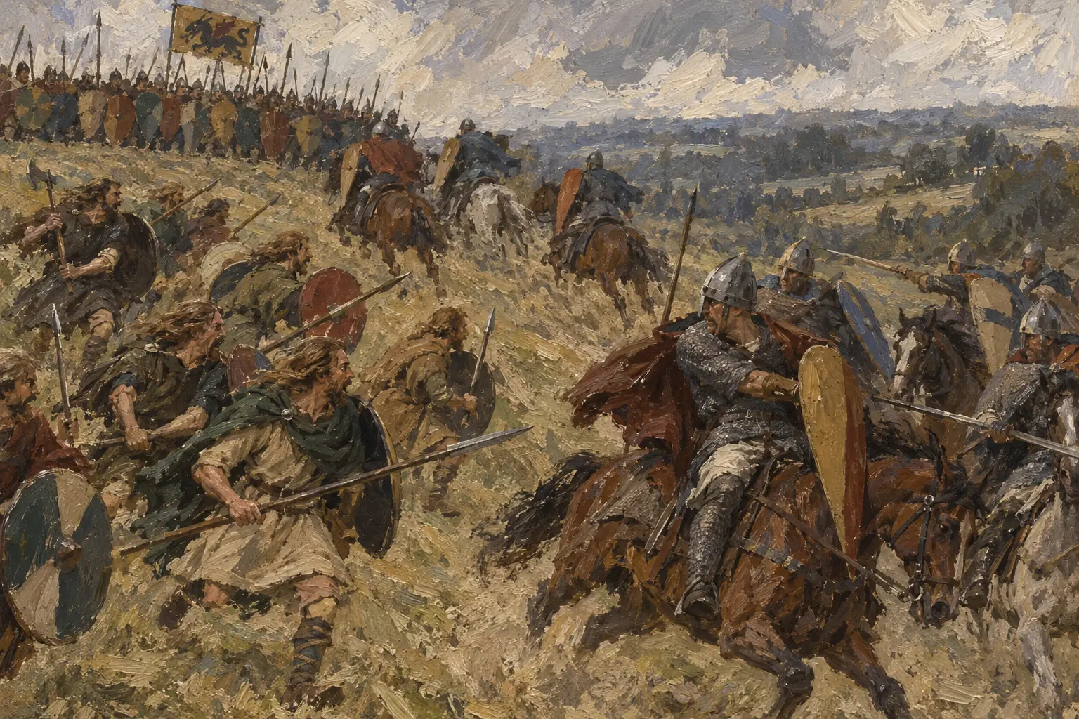 Feigned retreats drew parts of the English line down the hill, where Norman cavalry could attack them