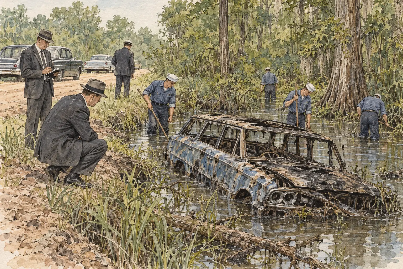 The burned-out car of Chaney, Goodman and Schwerner was found two days after they disappeared, but their bodies were not found until August