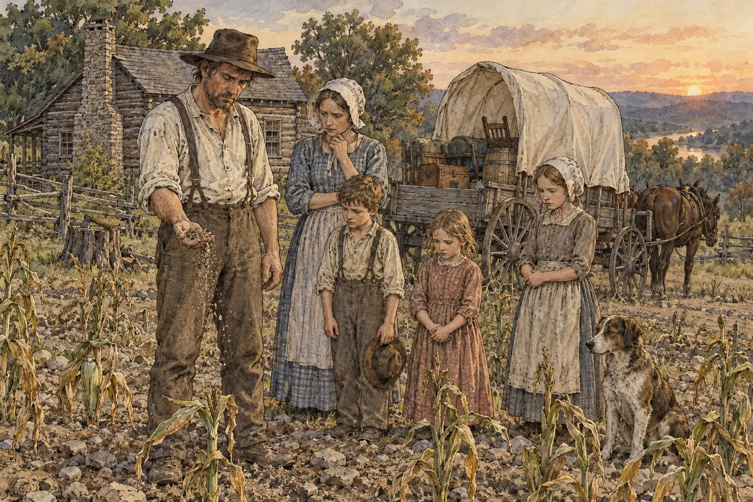 A family leaving a farm whose soil had been worn out by years of farming