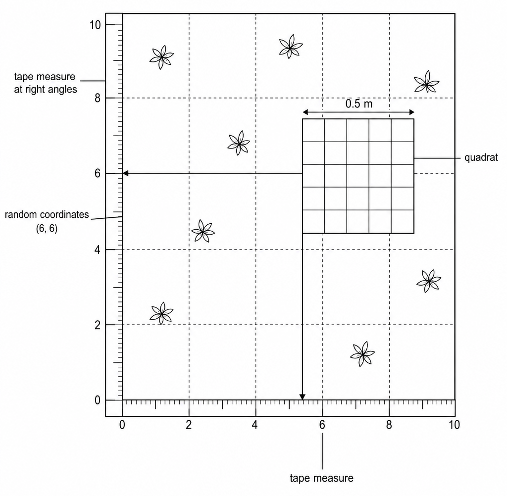 A grid marked by two tape measures numbered 0 to 10 at right angles, with a 0.5 m quadrat set where the random coordinates 6, 6 meet, and flowers scattered across the ground.