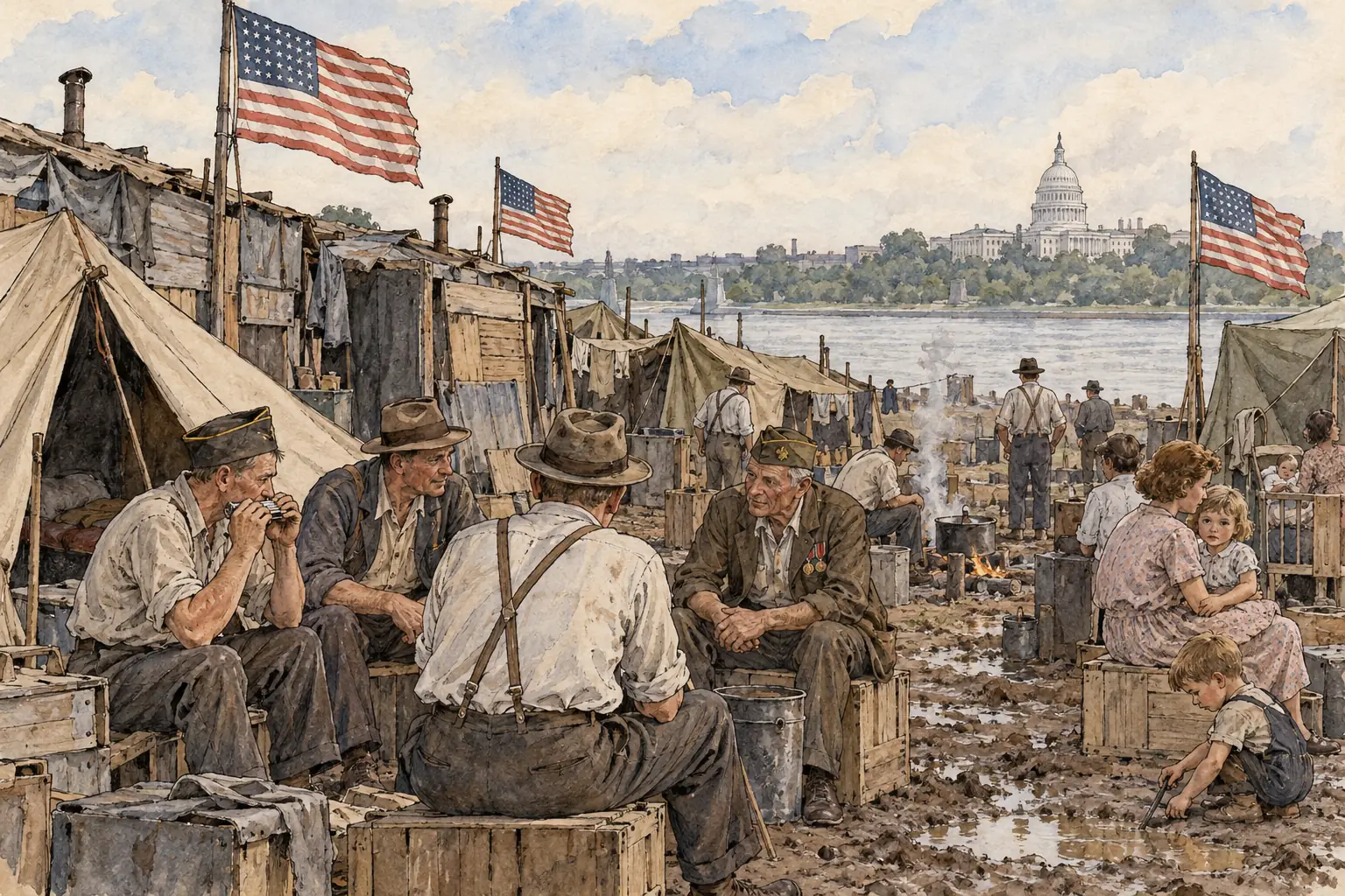 About 20,000 First World War veterans camped in Washington in the summer of 1932 to demand early payment of their bonus
