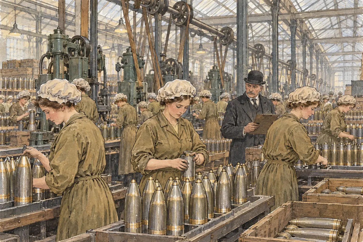 Women's war work, such as making shells in munitions factories, helped win the vote in 1918 for women over 30 who met a property qualification