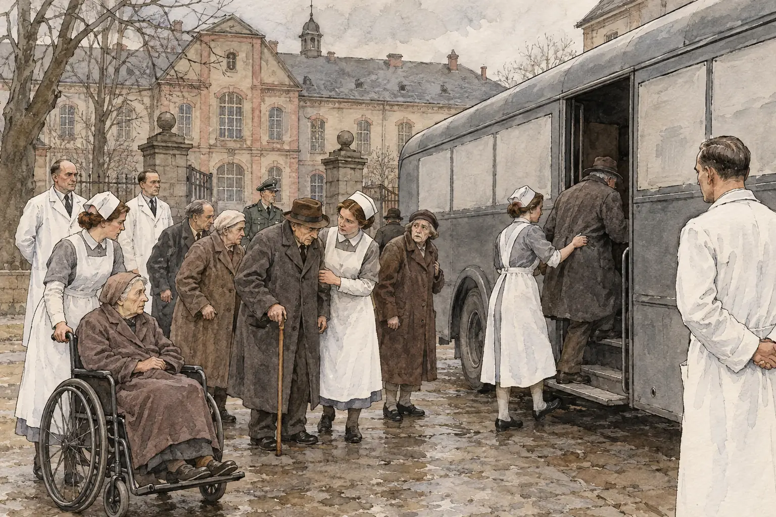 In the T4 programme, which began in 1939, disabled patients were taken from hospitals to specialised centres and gassed; around 70,000 were killed by 1941.