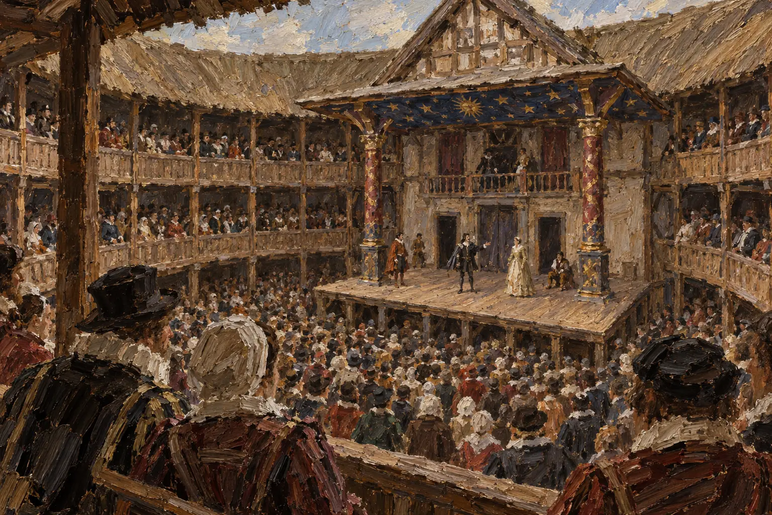 The Globe held up to 3,000 people, with groundlings standing in the open yard and wealthier spectators seated in three tiers of covered galleries.