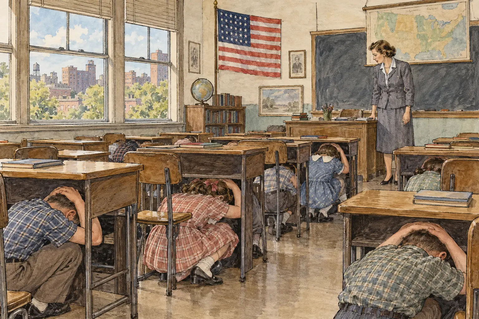 After the Soviet Union tested its first atomic bomb in 1949, schoolchildren practised 'duck and cover' drills, hiding under their desks in case of a nuclear attack.