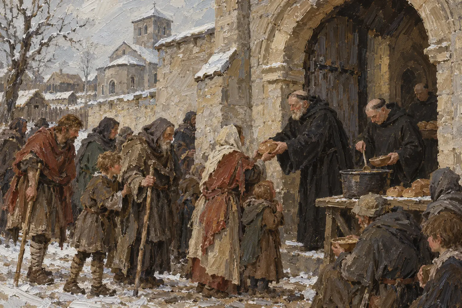 The Church used some of its great wealth for charity, as monks did when they fed the poor at their monastery gates.