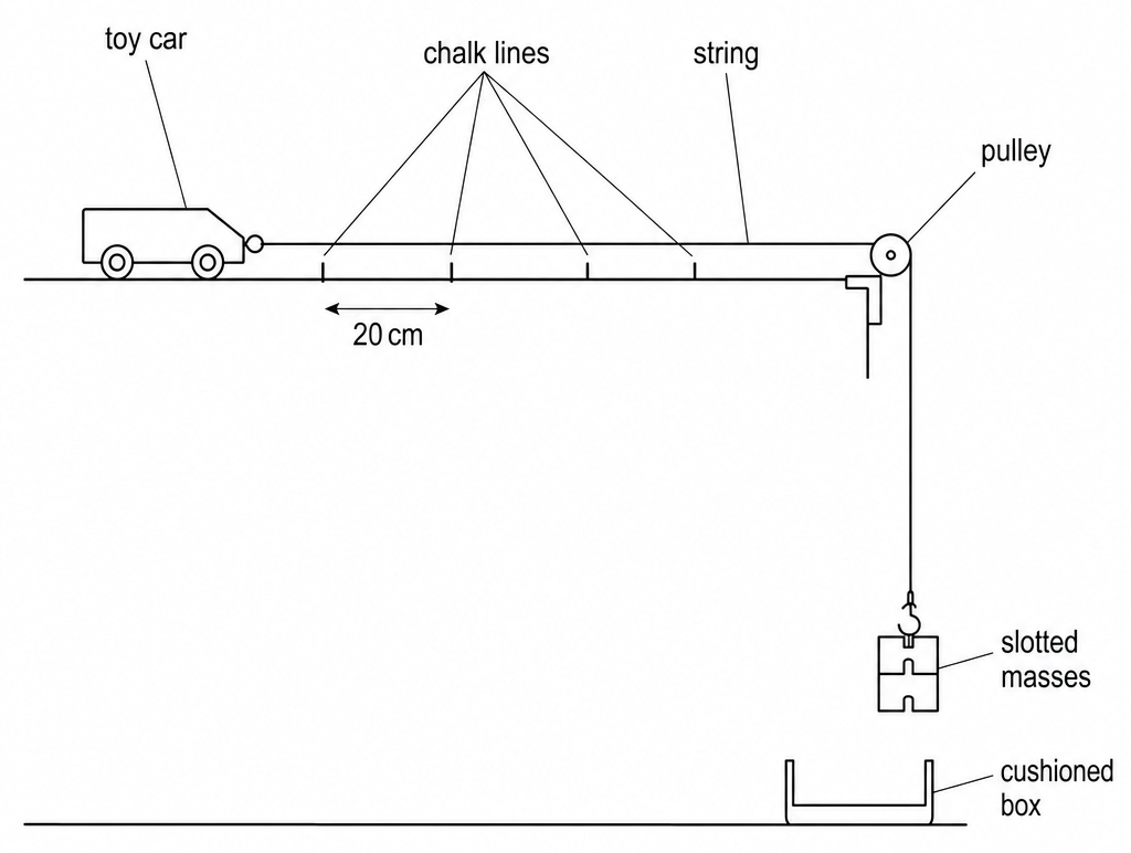 A toy car on a bench, pulled by a string running over a pulley at the far end to slotted masses hanging above a cushioned box, with chalk lines 20 cm apart.