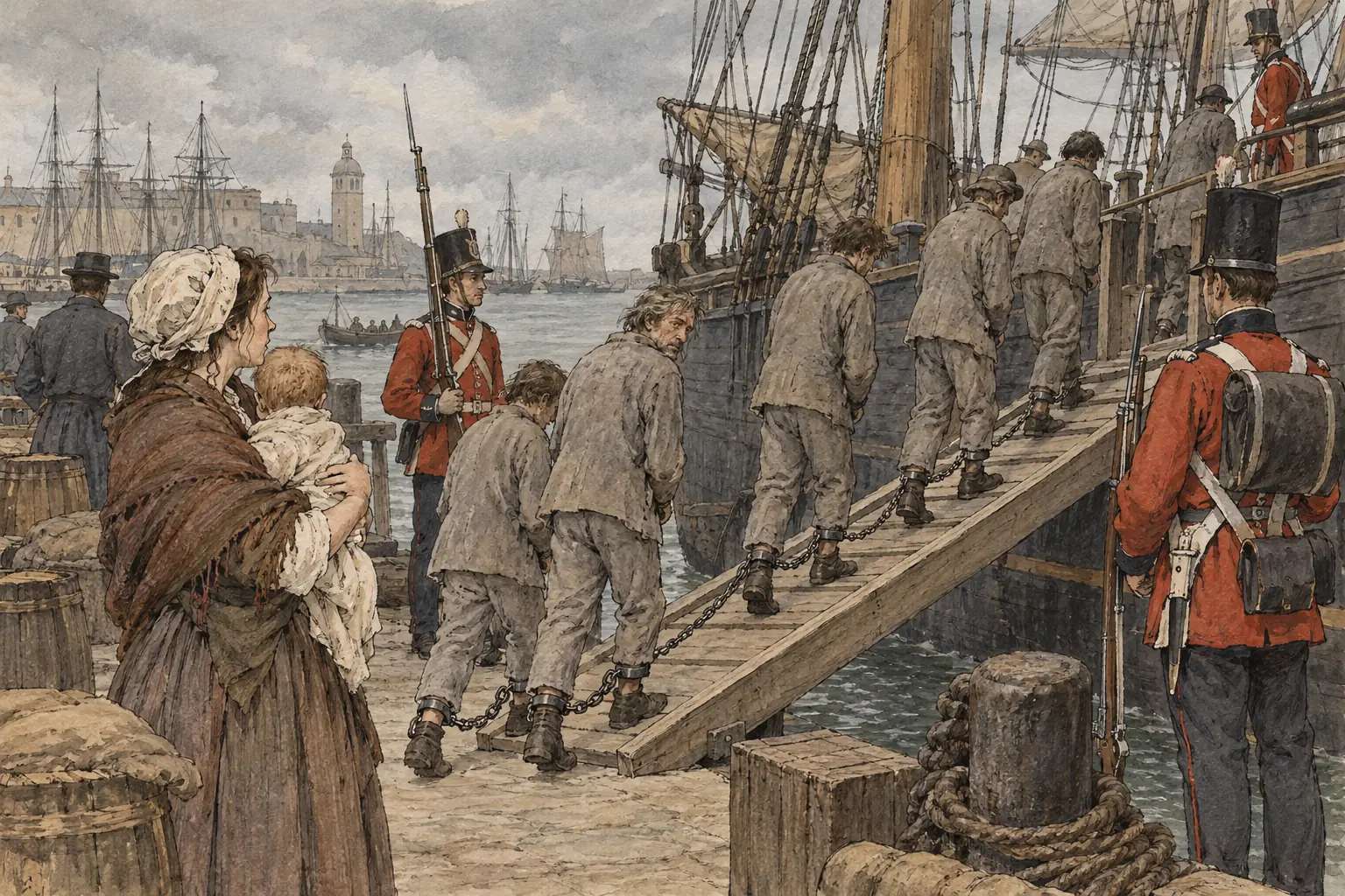 Convicts were transported to Australia until 1868, the same year that public executions ended.