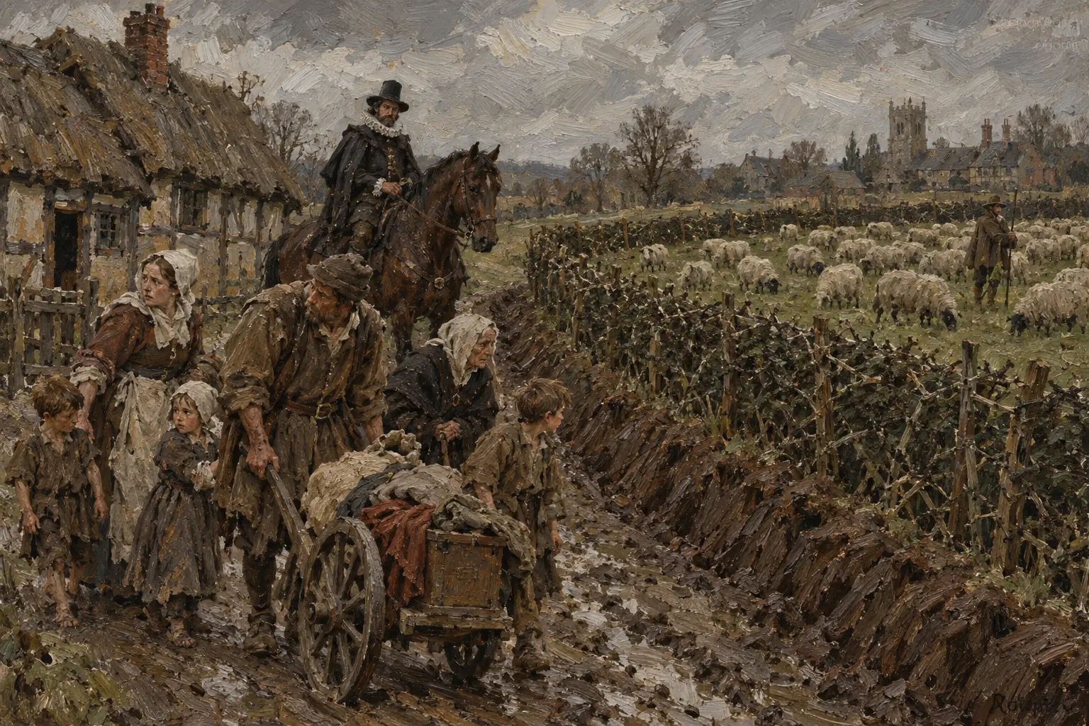 Enclosing common land for sheep farming forced many tenant farmers off the land and into unemployment.