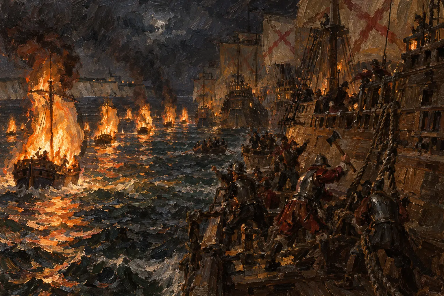 On the night of 7-8 August English fireships forced the Spanish to cut their anchors and scatter off Calais