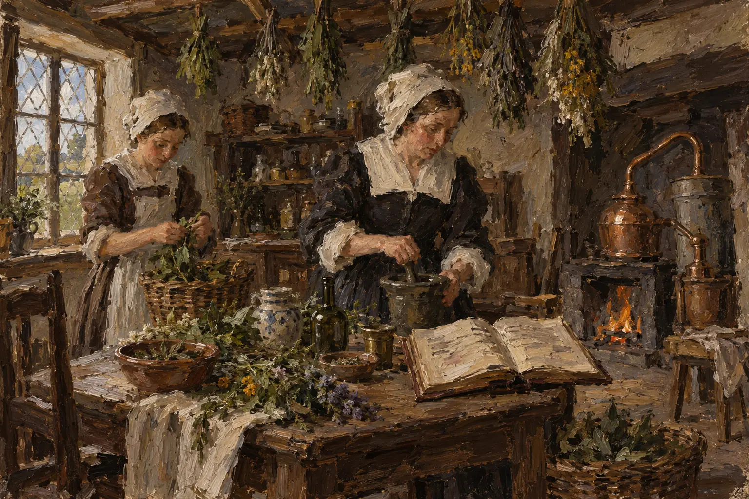 Women treated most illness at home, preparing remedies from local plants and from books of recipes called herbals.