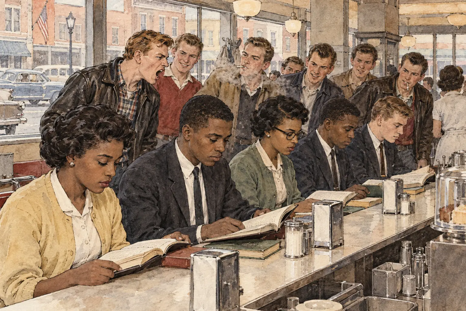 In Nashville, students trained in nonviolence kept reading at the lunch counters while white youths jeered at them and tried to provoke them.