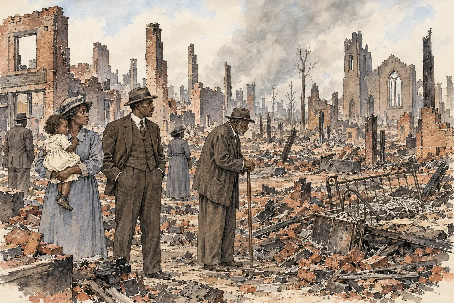 In the Tulsa Race Massacre of 31 May to 1 June 1921, white mobs burned Greenwood, the city's prosperous African American district.