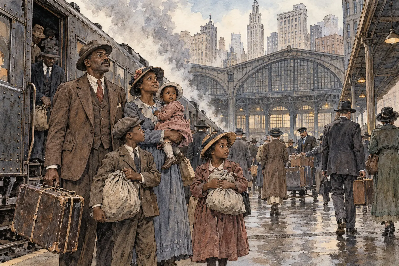 In the Great Migration, African American families left the rural South for northern cities such as Chicago, looking for factory work and an escape from Jim Crow laws.